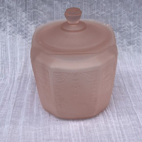 Vintage Pink Satin Depression Glass Frosted Princess Cookie Biscuit Jar With Lid - Picture 5 of 13